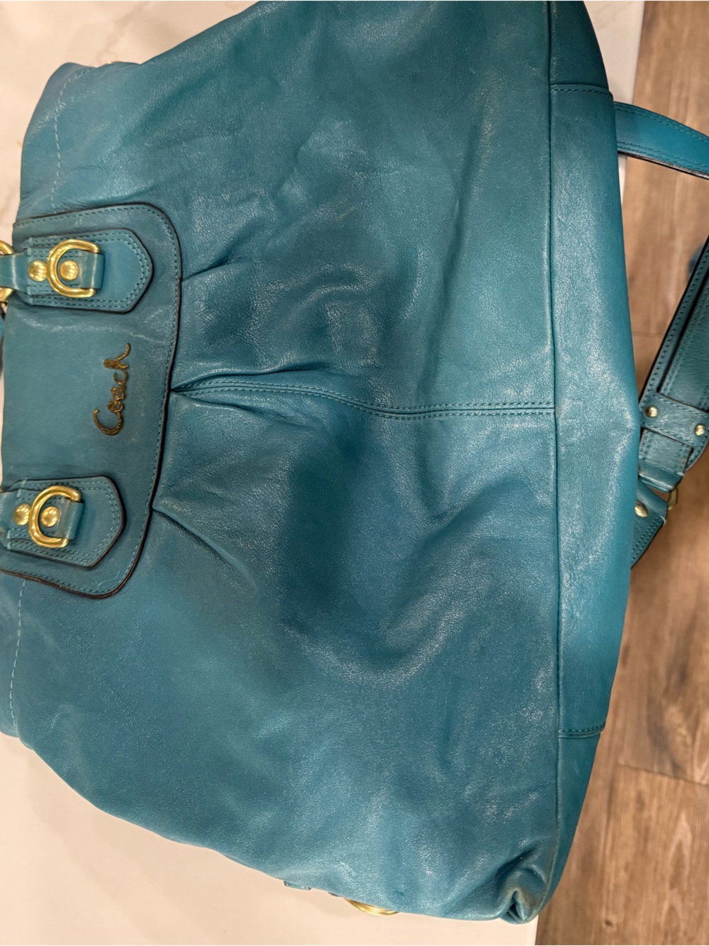 Coach Teal Leather Shoulder Bag with Gold Hardware Accents